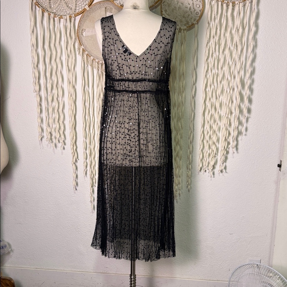 Tayloe & Hyde Black Sequin Lace Mesh Sleeveless Midi Length Layering Dress Small - Picture 3 of 8